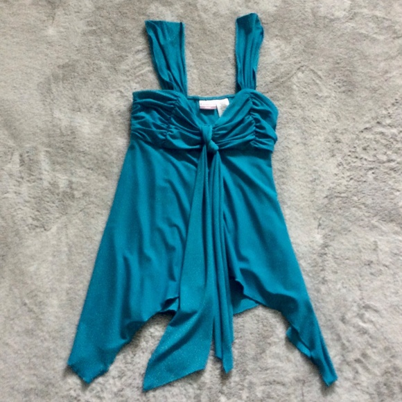 Teal Blue Flowy Asymmetric Hemline Sleeveless Top/Blouse - Picture 3 of 5